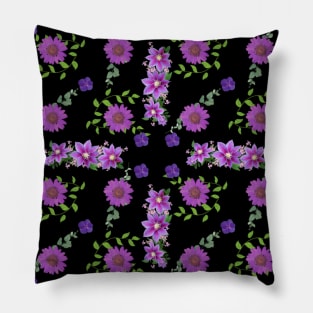 Purple Flowers Pattern on Black Background Pillow