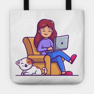 Women working on laptop with cat cartoon Tote