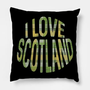 I LOVE SCOTLAND Green, White and Yellow Tartan Colour Typography Design Pillow