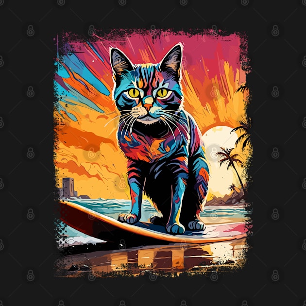 Cat Surfing Cute Colorful Comic Illustration by Naumovski