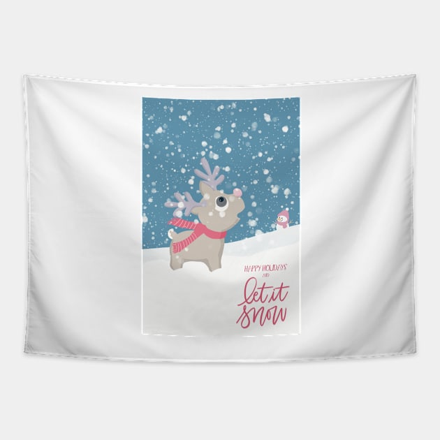 The first snow. Surprised little reindeer looking up in the sky. Let it snow and Merry Christmas. Tapestry by marina63