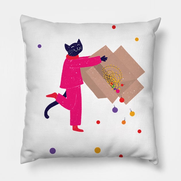 Naughty cat and the Christmas cardboard box - version 2 Pillow by iulistration