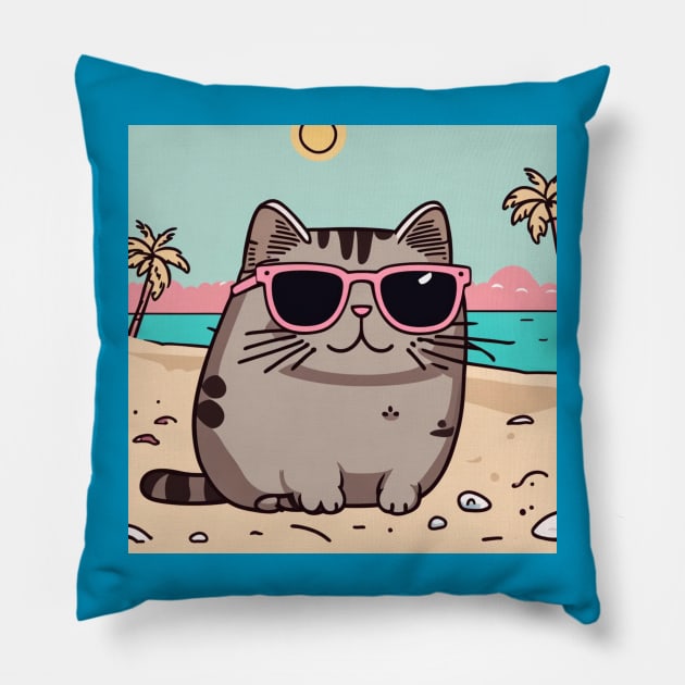 Cute cat pusheen just chilling on the beach Pillow by Love of animals