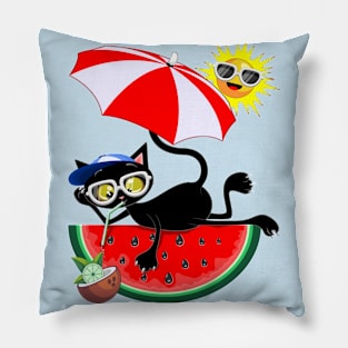 Cat Cartoon and Juicy Watermelon Summertime Chill Humorous Character Pillow