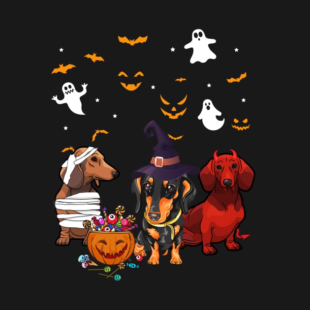 Funny Three Dachshund Halloween Gift Shirt by Bensonn