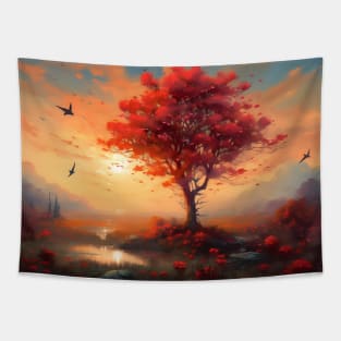 Spring landscape with a single flowering tree. Tapestry