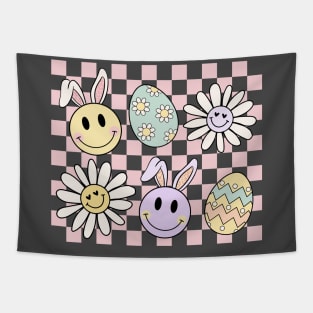 Happy Easter Eggs Bunny Checkered Tapestry