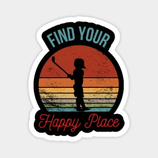 Find Your Happy Place - Child Golfer Silhouette over Retro Sunset Magnet