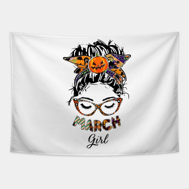 March Girl Halloween Face Wink Eyes Pumpkin Tapestry by tasmarashad