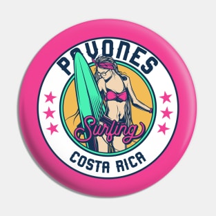 Retro Surfer Babe Badge Pavones Costa Rica Pin