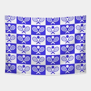 Checkered Tennis Seamless Pattern - Racket and Ball in Blue and White Tones Tapestry