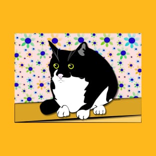 Cute Tuxedo Fatty Cat Sitting on the Bench  copyright TeAnne T-Shirt