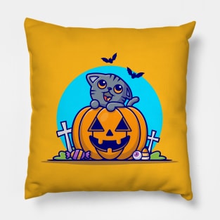 Cute Grey Cat With Pumpkin Halloween Cartoon Vector Icon Illustration Pillow