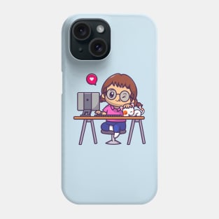 Cute Girl Working On Computer With Cat Cartoon Phone Case