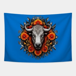 Buffalo Surrounded By A Wreath Of Orange Flowers Tattoo Art Tapestry