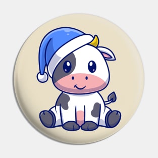 Cute Cow Winter Sitting With Beanie Hat Cartoon Pin