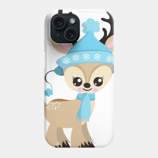 Christmas Reindeer, Cute Reindeer, Blue Hat, Xmas Phone Case
