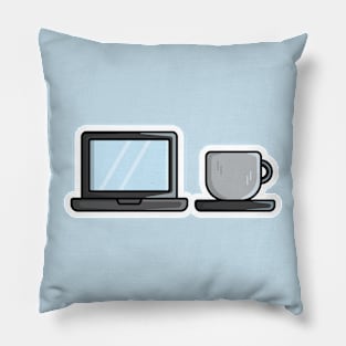 Laptop with Coffee Cup Sticker vector illustration. Technology and drink objects icon concept. Workspace with laptop and coffee cup vector sticker design with shadow. Pillow