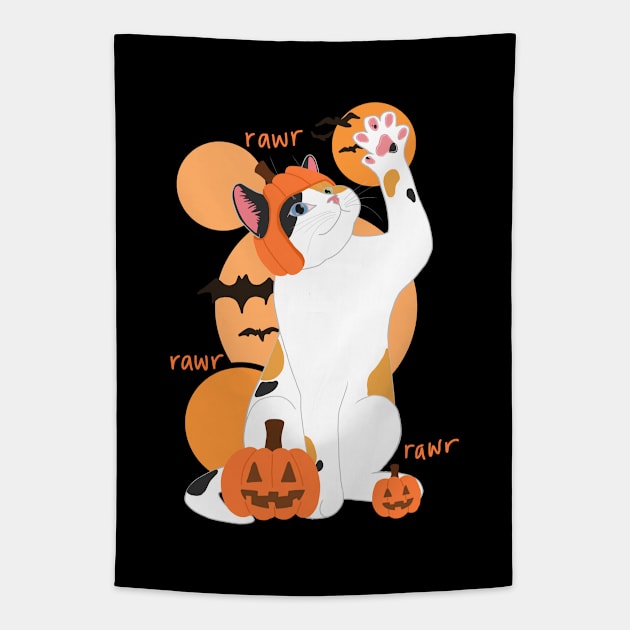 HALLOWEEN PUMPKIN TRICOLORED CAT Tapestry by ulricartistic