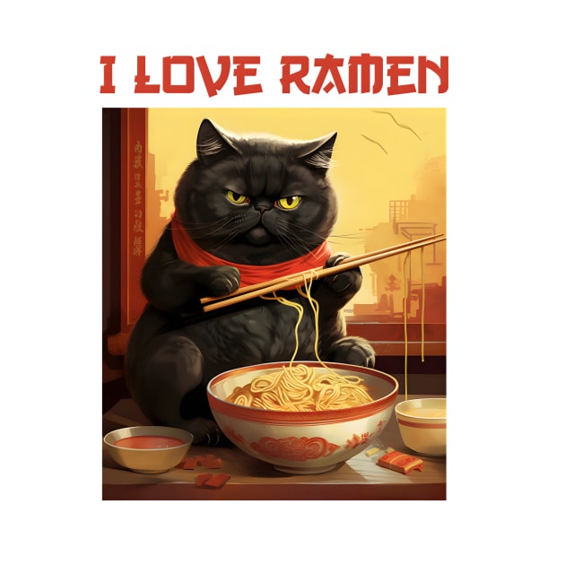 Quirky Chubby Kitty Cat Eating Ramen - I Love Ramen by KittyStampedeCo