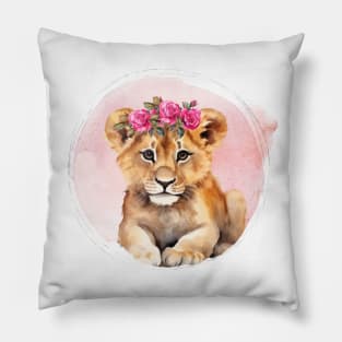 cute little lion cub with floral crown Pillow