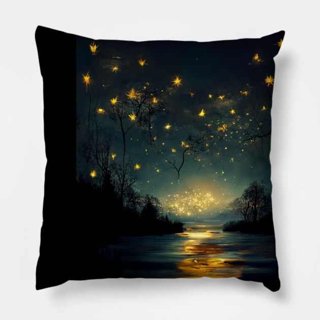 Starry, starry night over the lake. Pillow by Liana Campbell