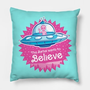 Pink Alien Wants to Believe blue UFO version Pillow