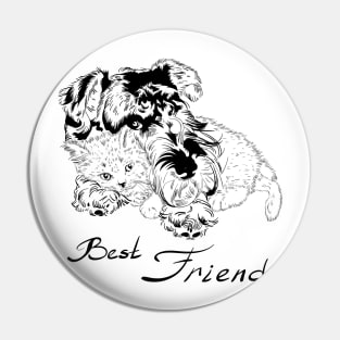 Sweet dog with cute kitten hand drawing Pin