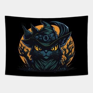 Scary Black Cat Witch Tapestry
