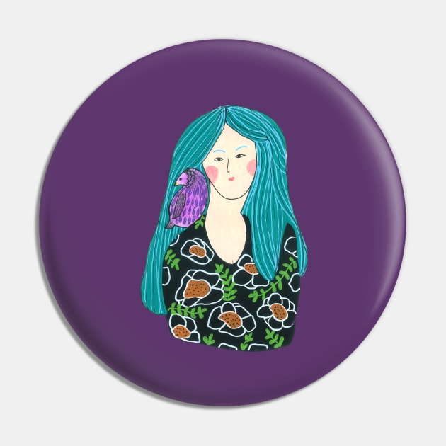 Girl with a bird Pin by DoodlesAndStuff