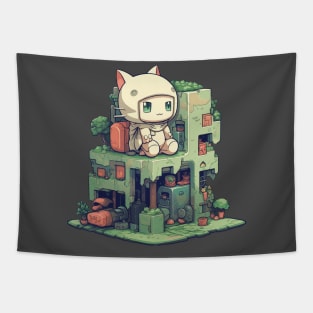 Small cute cat character sitting on a small building Tapestry