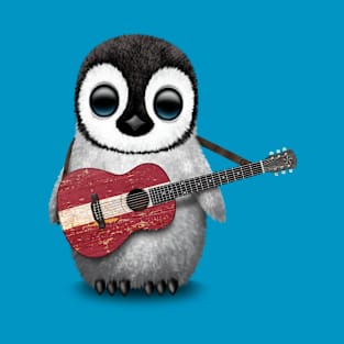 Baby Penguin Playing Latvian Flag Guitar T-Shirt