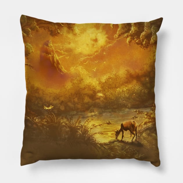 Sunset visits the pond Pillow by Artofokan