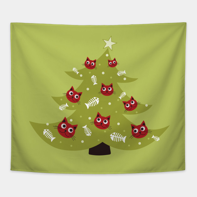 Cat Christmas Tree With Fish Ornaments Cat Christmas Tapestry