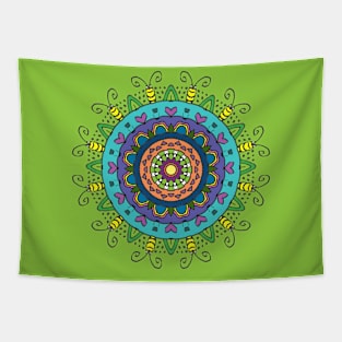 Colorful Mandala with Hearts and Bugs on Green Tapestry