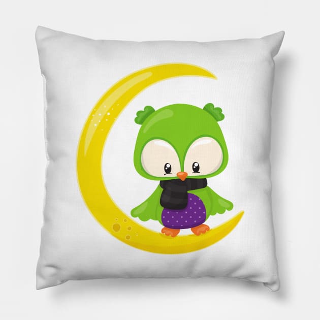 Halloween Owl, Cute Owl, Green Owl, Moon, Scarf Pillow by Jelena Dunčević