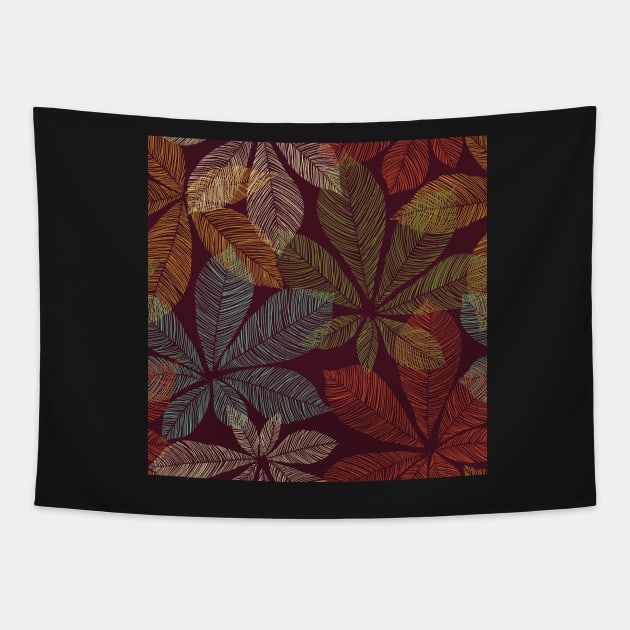 Dark autumn tropical leaves. Chestnut abstract illustration. Leaf skeleton print Tapestry by likapix