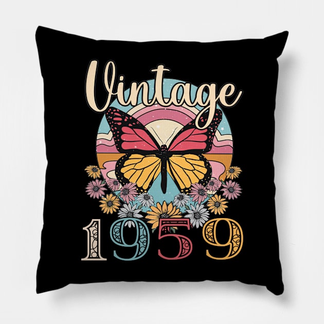 Floral Butterfly Retro Vintage 1959 64th Birthday Pillow by louismcfarland