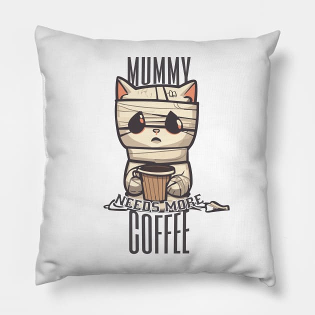 Mummy Needs More Coffee | Halloween Cat Holding Cup Pillow by GrinTees