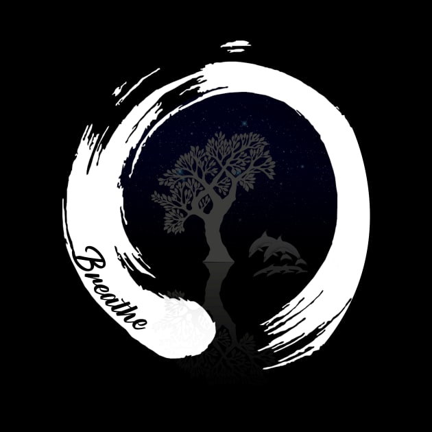 Zen like circle with tree dolphin night sky and text Breathe, yoga by CHNSHIRT