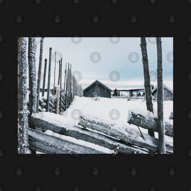 Wooden Fence and Cabin in White Norwegian Winter Landscape by visualspectrum