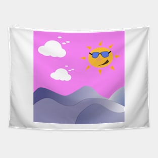 Morning cartoon landscape. Sun, cloud sky illustration Tapestry