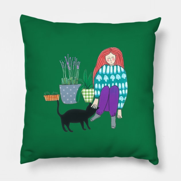 Gardening with a cat helper Pillow by DoodlesAndStuff