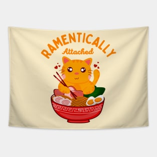 Ramentically Attached - Funny Kawaii Orange Cat Eating Ramen Noodles Tapestry