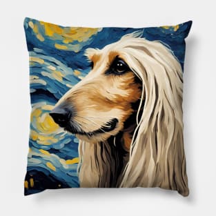 Afghan Hound Dog Breed Painting in a Van Gogh Starry Night Art Style Pillow