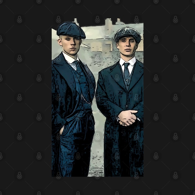 Thomas Shelby stands there emotionally, well dressed, with a family member as abstract comic art by ComicPrint