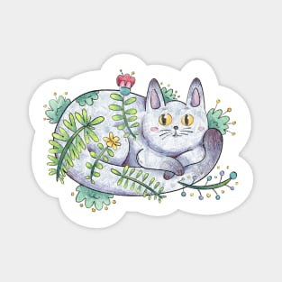 Cute Floral Cat Chilling and Curled Up Magnet