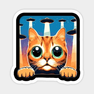 Big Eyed Funny Cat Selfie With UFOs Behind Magnet