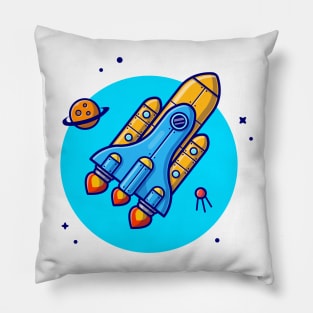 Space Shuttle Flying with Planet and Satellite Cartoon Vector Icon Illustration Pillow