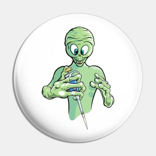 Funny Science Cartoon - Alien Visitor Holding Pipette PCR Pin